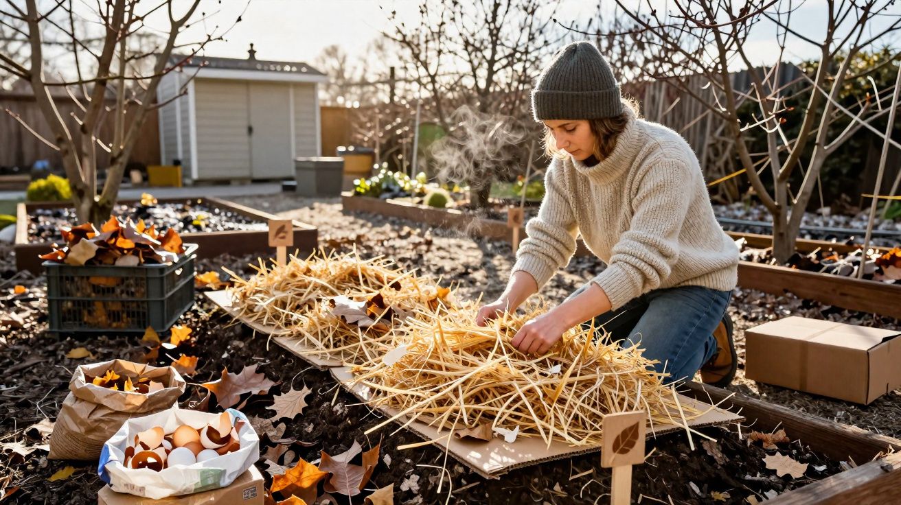 Mulher a preparar canteiro com palha num jardim, rodeada de cascas de ovos e folhas secas.