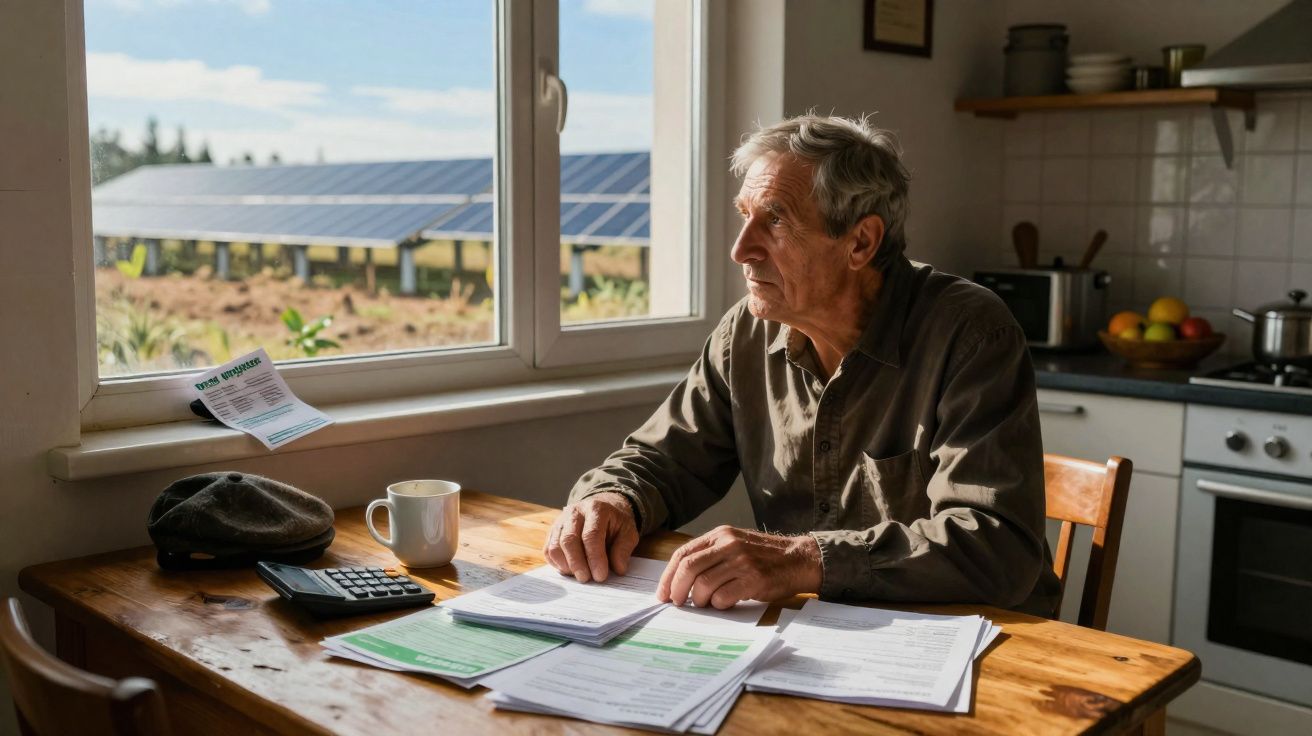 Homem idoso sentado à mesa da cozinha a olhar pela janela com painéis solares no exterior e documentos na mesa.