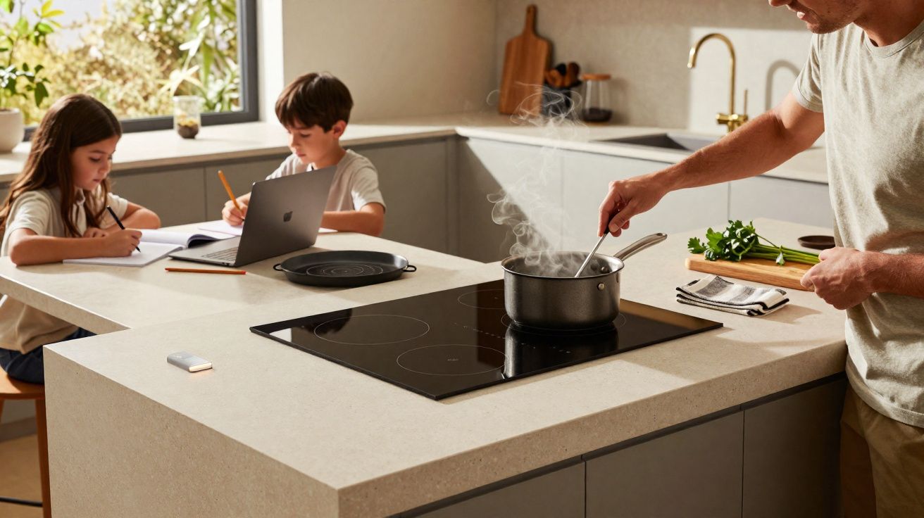 Crianças a estudar numa mesa enquanto um adulto cozinha numa cozinha moderna e luminosa.