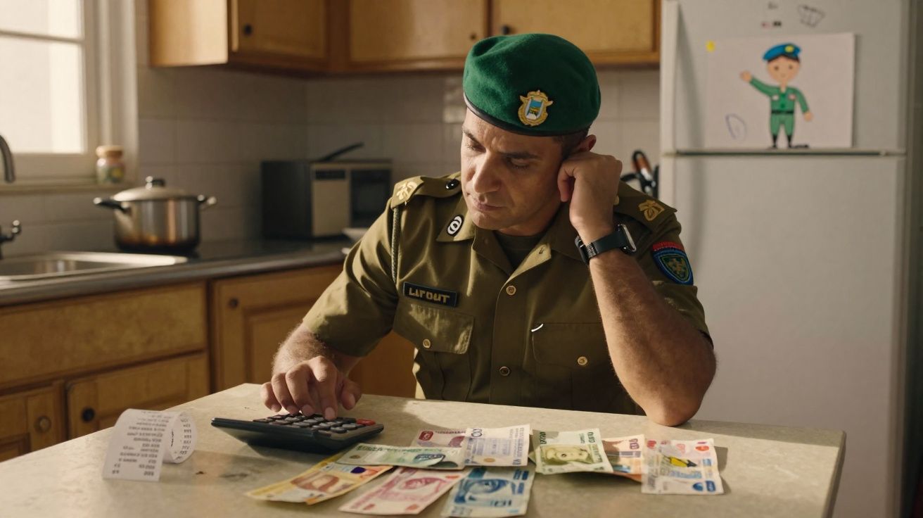 Polícia em uniforme verde calcula despesas com notas de dinheiro na cozinha de casa.