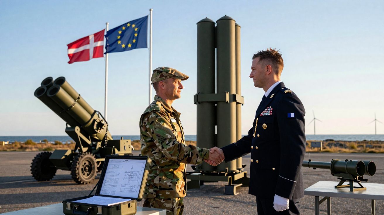 Dois militares cumprimentam-se junto a armamento militar com bandeiras da Dinamarca e da União Europeia ao fundo.