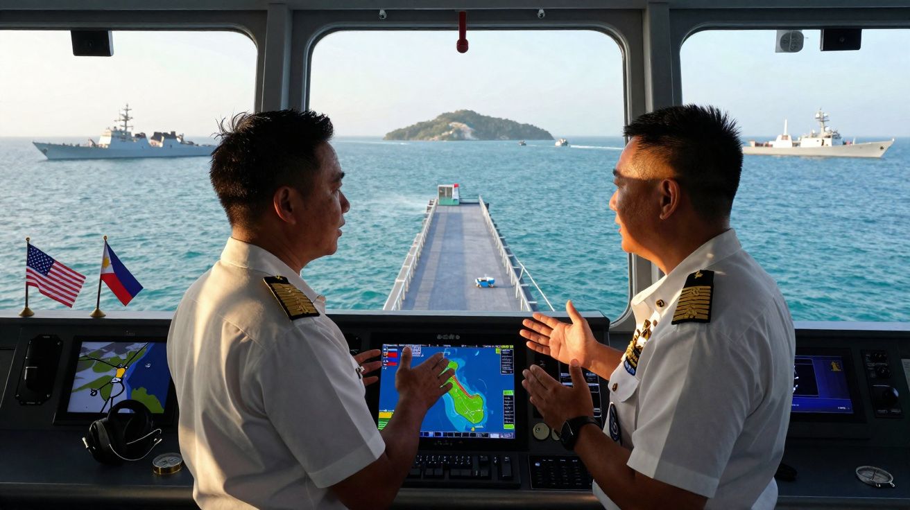 Dois oficiais navais no comando de um navio, com vista para o mar, um cais e navios militares ao fundo.