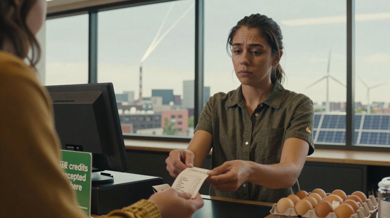 Mulher a passar fatura a cliente num balcão de loja com ovos e computador ao fundo.