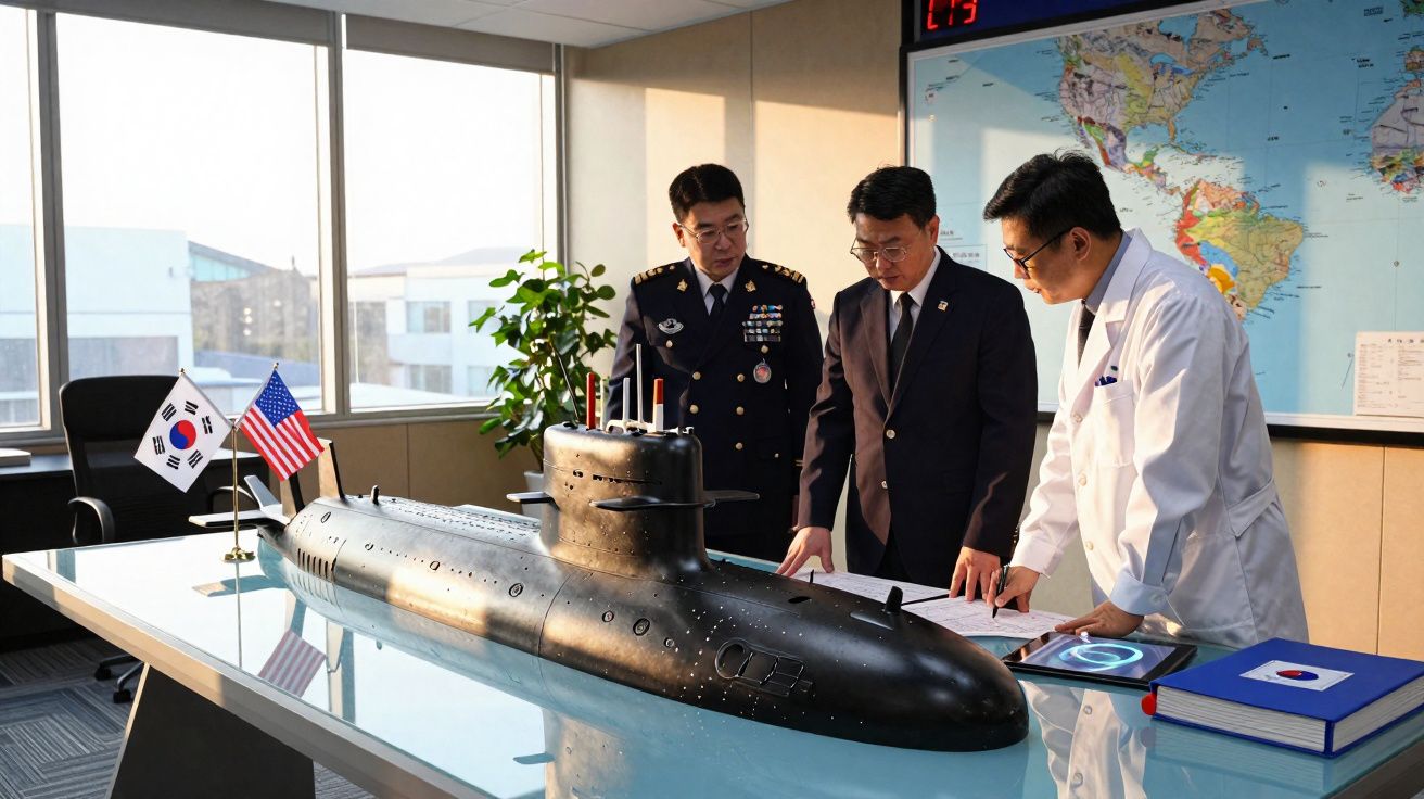 Três homens em traje formal e fardas militares observam maquete de submarino numa sala de reuniões com mapa mundial.