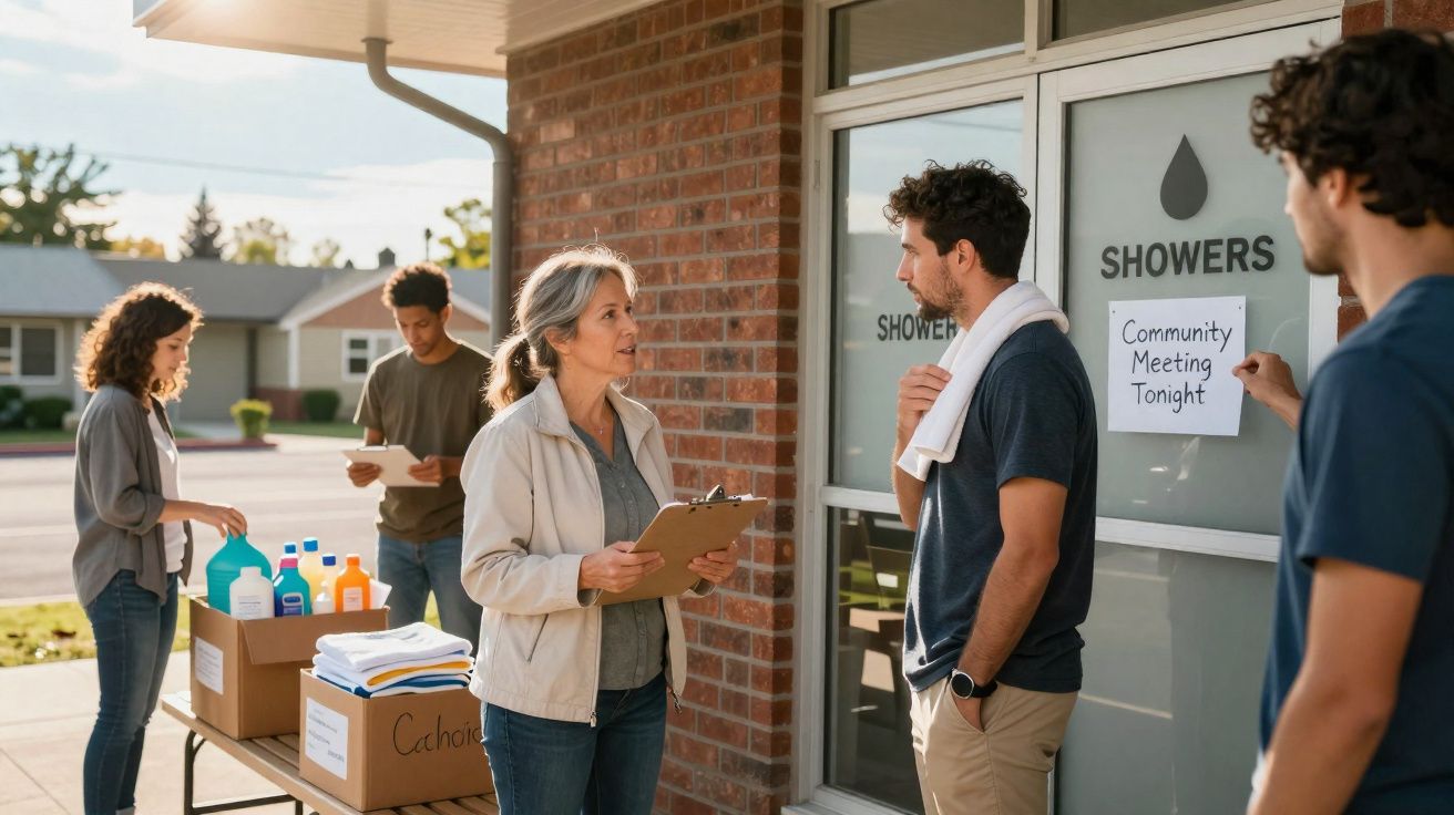 Grupo de pessoas a organizar materiais junto a uma porta com cartaz de reunião comunitária à noite.