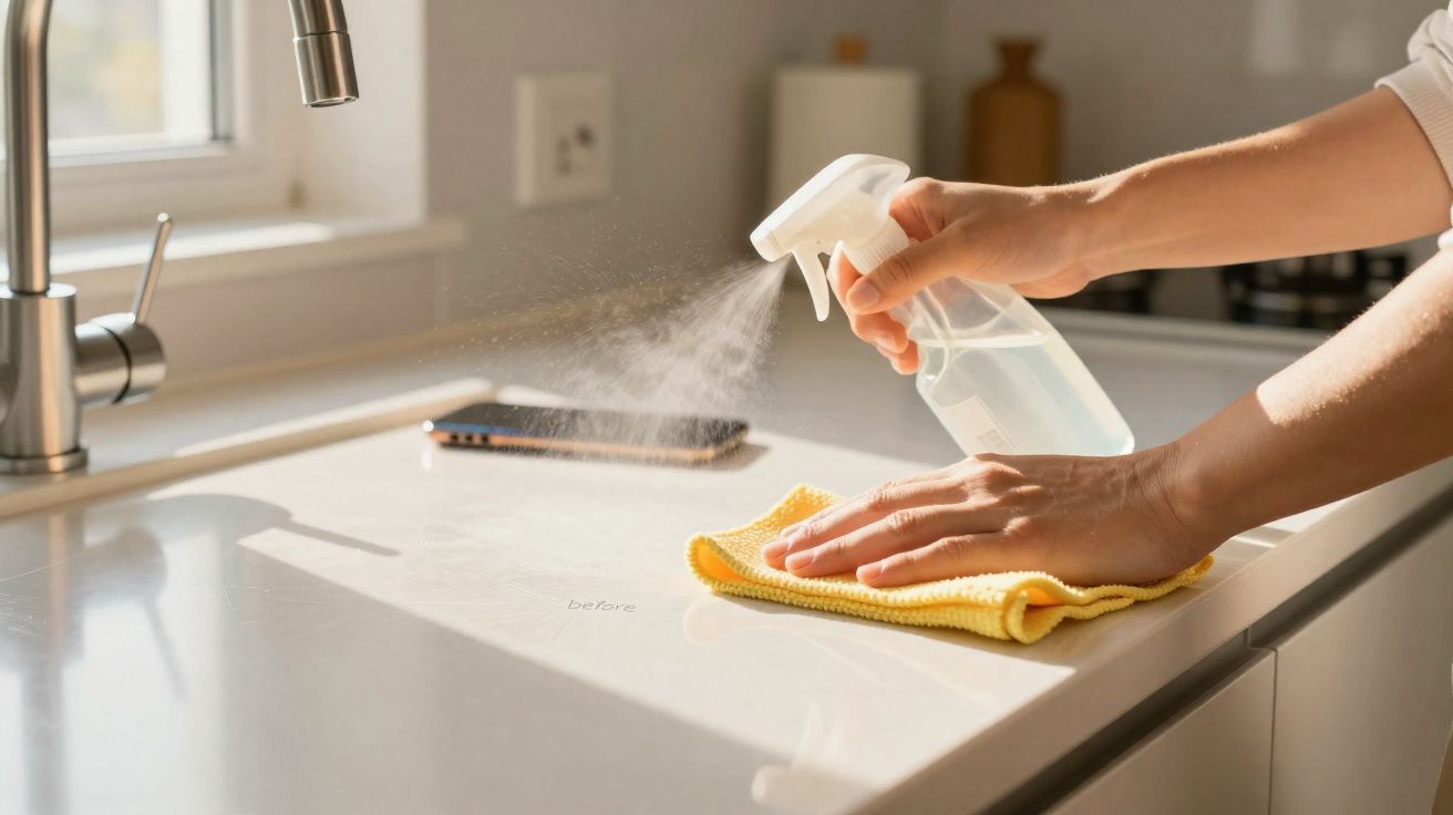 Mãos a limpar bancada de cozinha branca com spray e pano amarelo junto a uma torneira e janela.