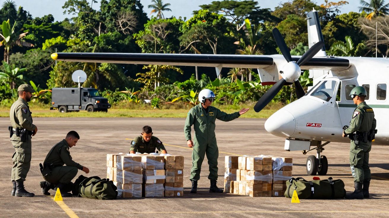 Cinco militares ao lado de um avião pequeno com caixas e malas empilhadas num aeroporto rodeado de vegetação.