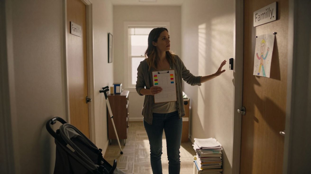 Mulher num corredor a ajustar termóstato, segurando prancheta, com carrinho de bebé e pilha de livros.