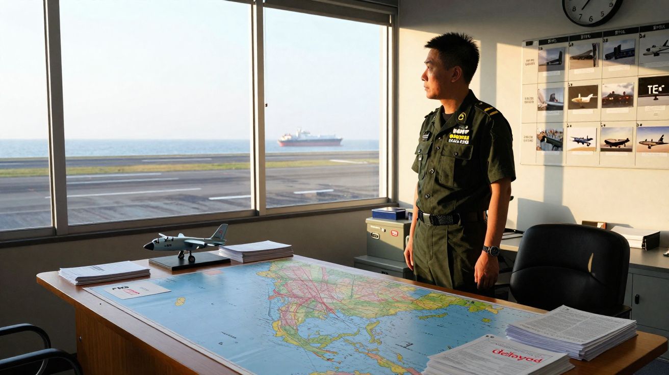 Homem em uniforme militar numa sala de controlo com mapa, olhando para o mar e um navio ao longe.