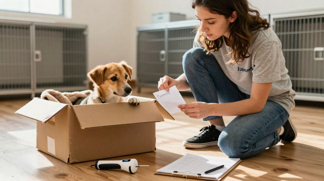 Mulher com cão num abrigo, com cão dentro de caixa de cartão e documentos na mão para adoção.