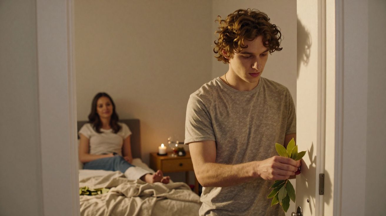Jovem prende folhas na porta do quarto enquanto mulher está sentada na cama ao fundo.