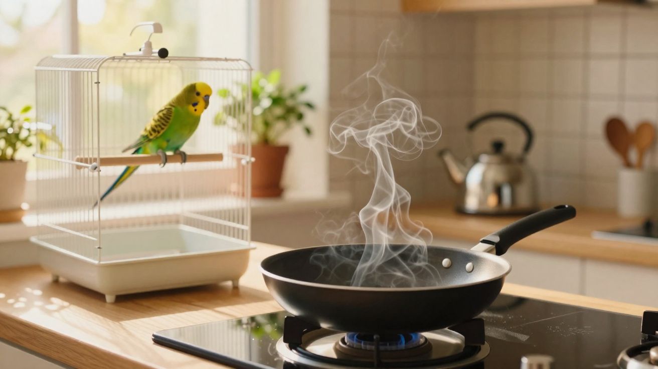Canário numa gaiola e uma frigideira a fumegar num fogão a gás numa cozinha iluminada.