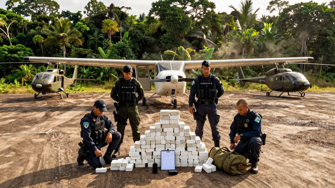 Quatro agentes da polícia com depósito de pacotes brancos empilhados e dois helicópteros atrás numa clareira.