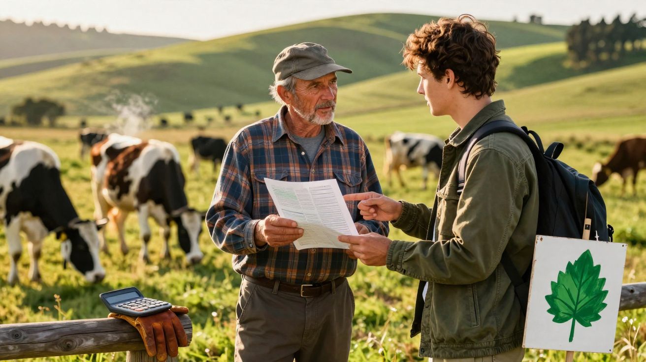Homem idoso e jovem conversam com documento na mão em campo com vacas ao fundo.