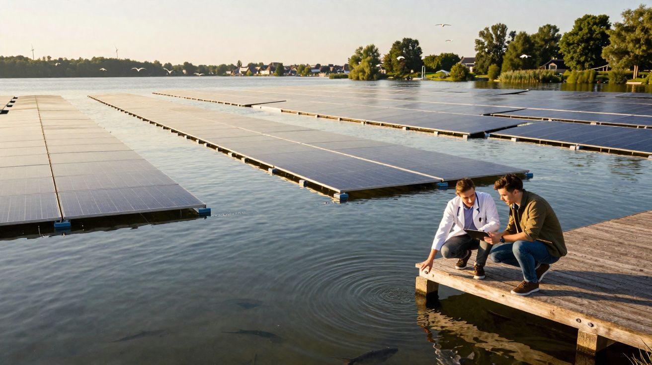 Dois homens junto a painéis solares flutuantes num lago, um aponta para a água, o outro olha atento.