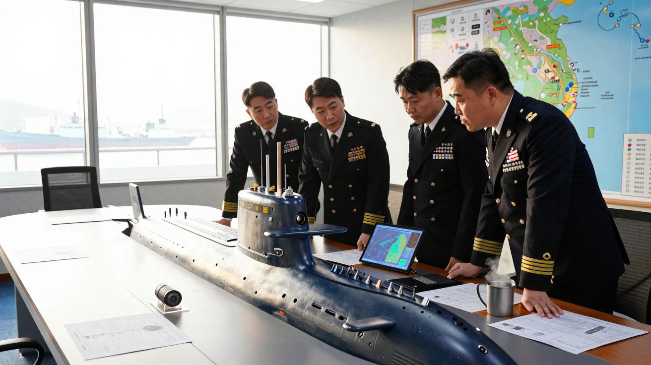 Quatro militares em uniforme analisam modelo de submarino numa sala com mapa na parede e janelas grandes.