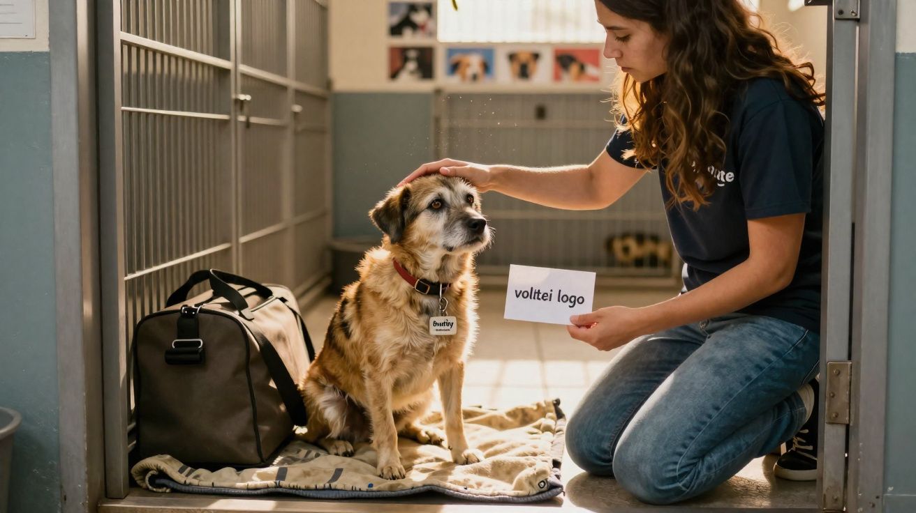Mulher acaricia um cão numa caixa de abrigo, segurando um papel com a mensagem "voltei logo".