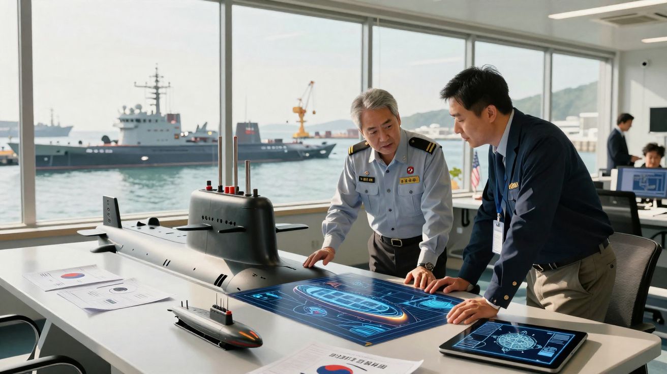 Duas pessoas em uniforme naval discutem um projeto de submarino com modelos e ecrãs digitais numa sala com vista para o mar.