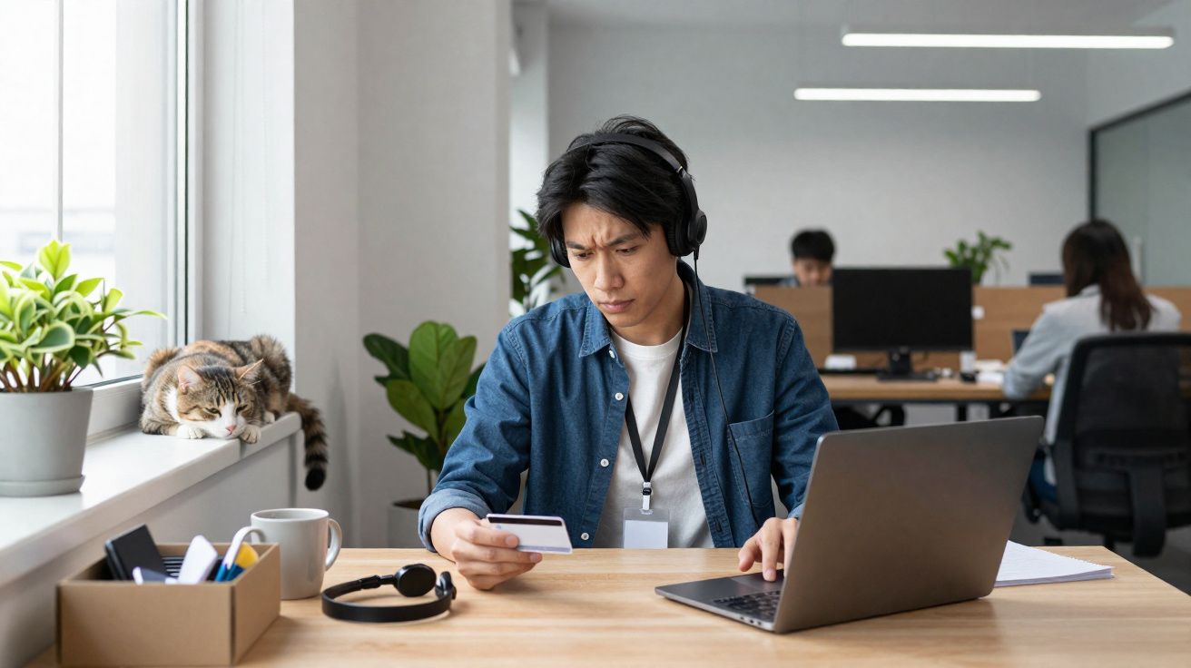 Homem com auriculares a usar cartão junto a computador portátil numa mesa de escritório.