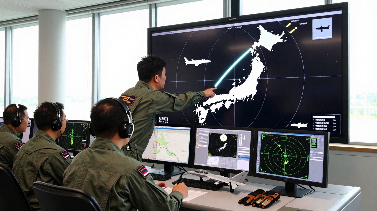 Militares em centro de controlo monitorizam radar com mapa do Japão e trajectórias de aviões.