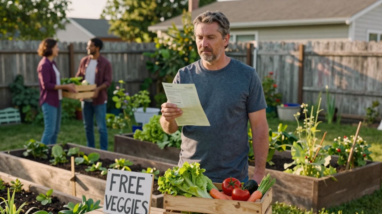 Homem lê lista junto a cesta com legumes frescos numa horta comunitária com sinal de vegetais grátis.