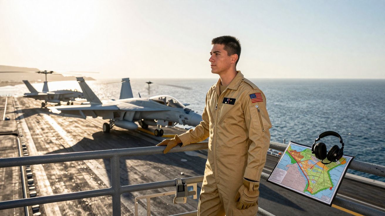 Militar com fato bege, luvas e bandeira dos EUA, numa porta-aviões com caças e mapa num suporte ao lado.