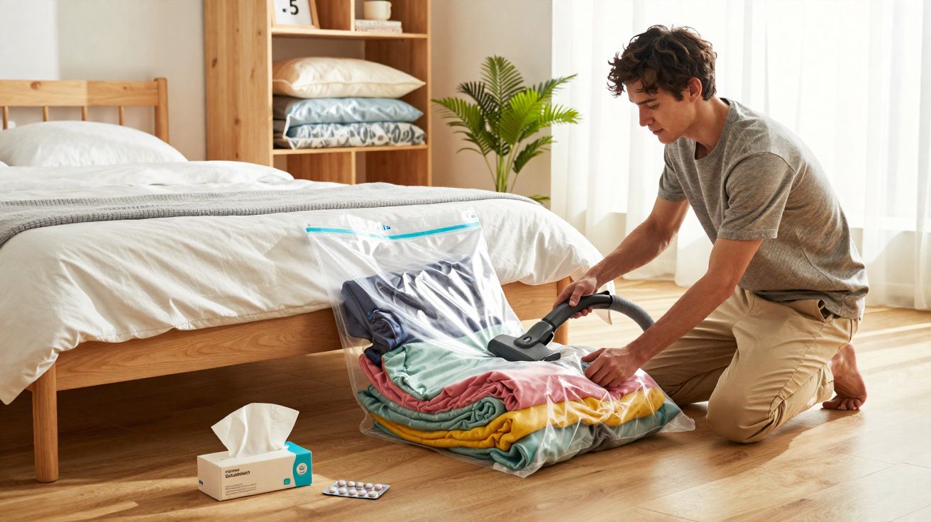 Homem usa aspirador para retirar ar de saco de armazenamento com roupas dobradas no chão do quarto.