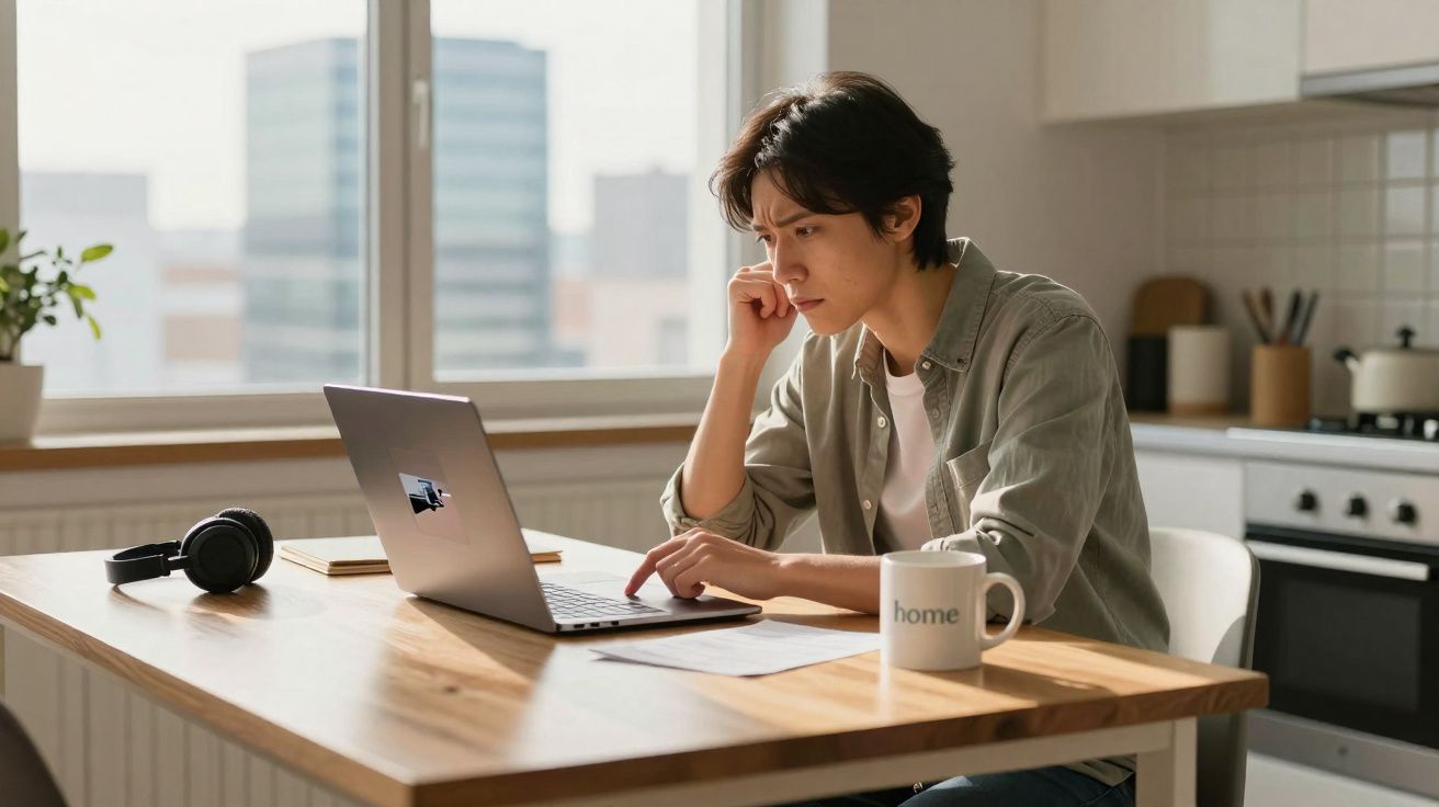 Pessoa concentrada a trabalhar num computador portátil numa cozinha moderna, com caneca e auscultadores na mesa.