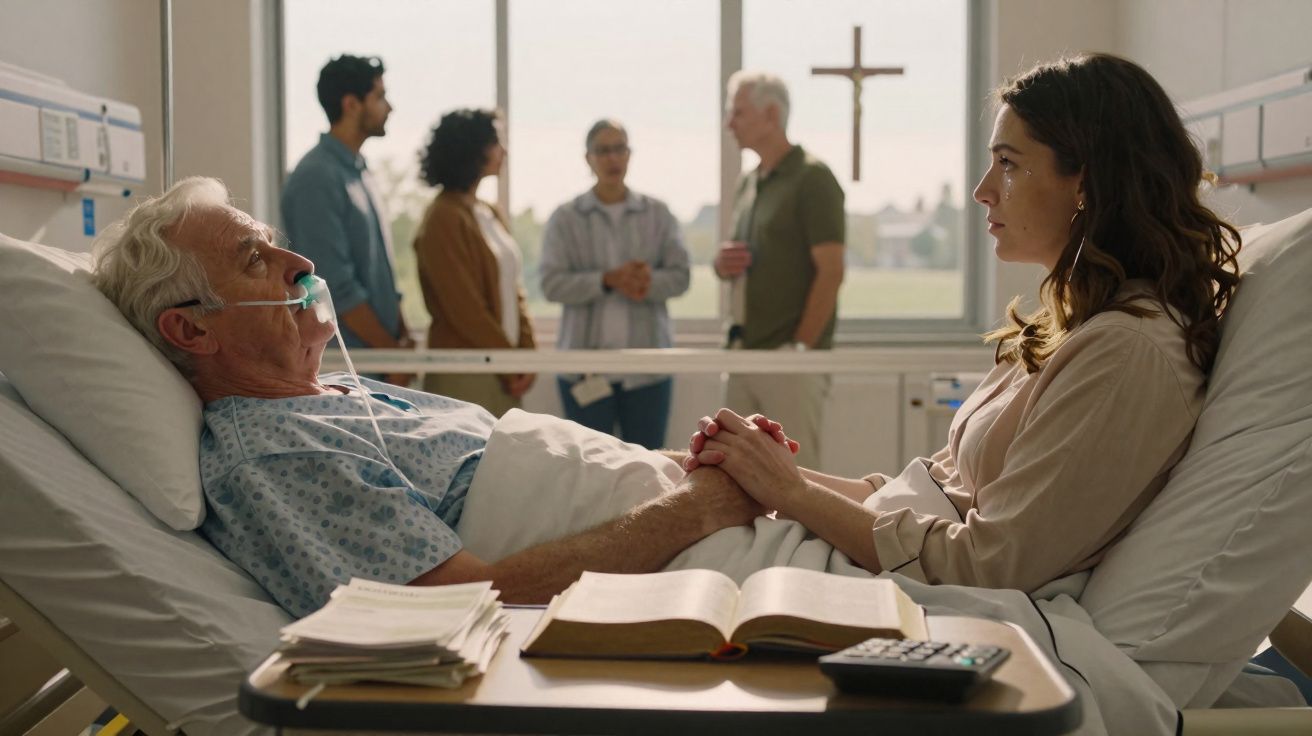 Homem idoso em cama de hospital com oxigénio, segurando a mão de mulher ao lado, com grupo a rezar ao fundo.