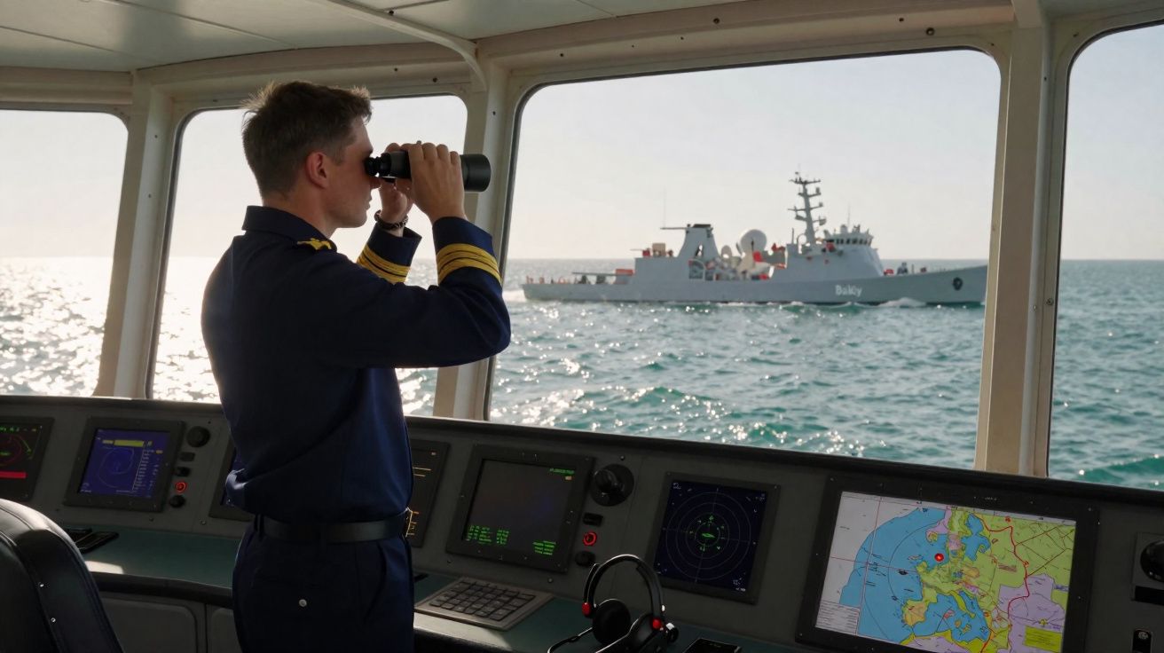 Homem em uniforme naval observa mar com binóculos a partir da ponte de comando de um navio, com outro navio visível ao fundo.