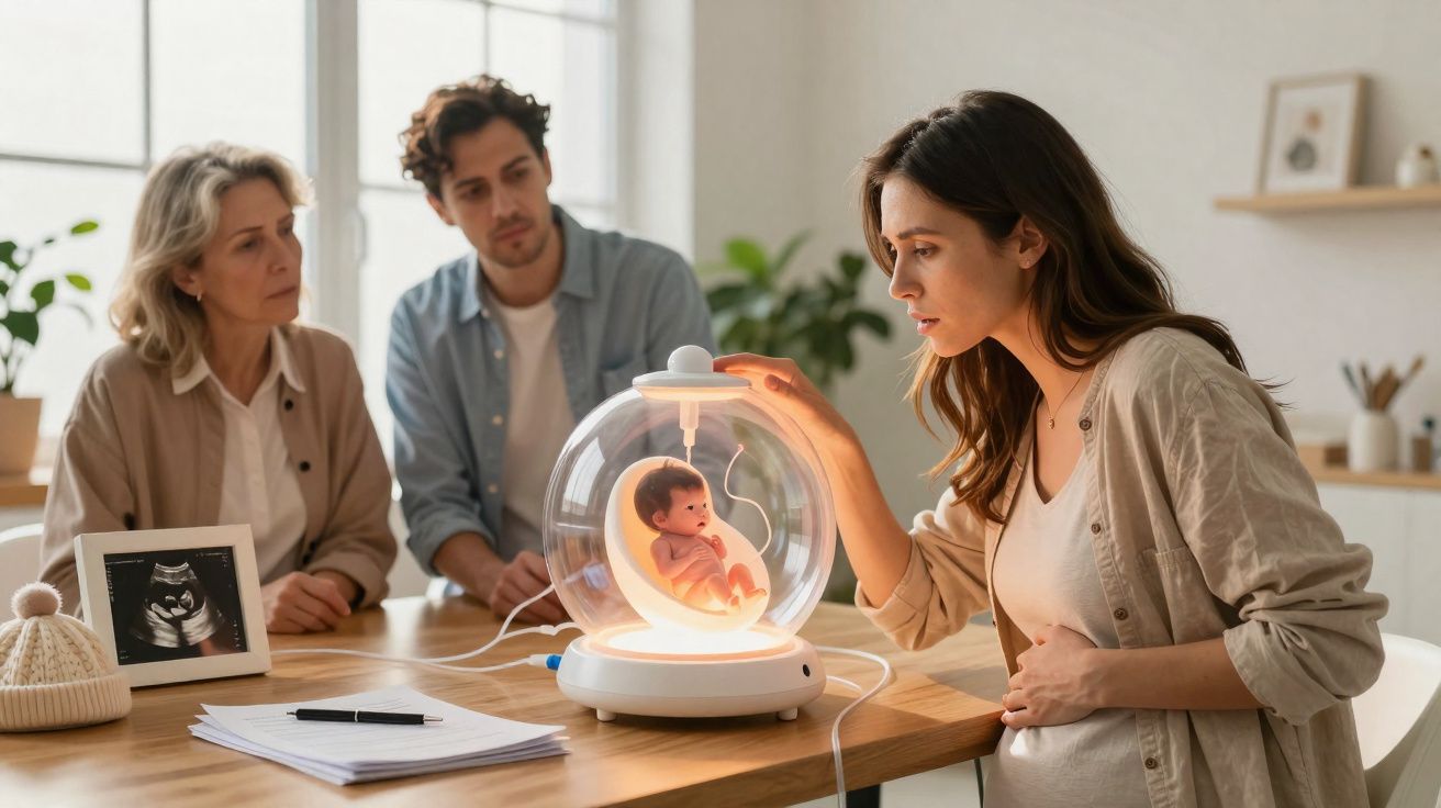 Mulher grávida observa bebé em incubadora futurista enquanto duas pessoas assistem atentamente à mesa.