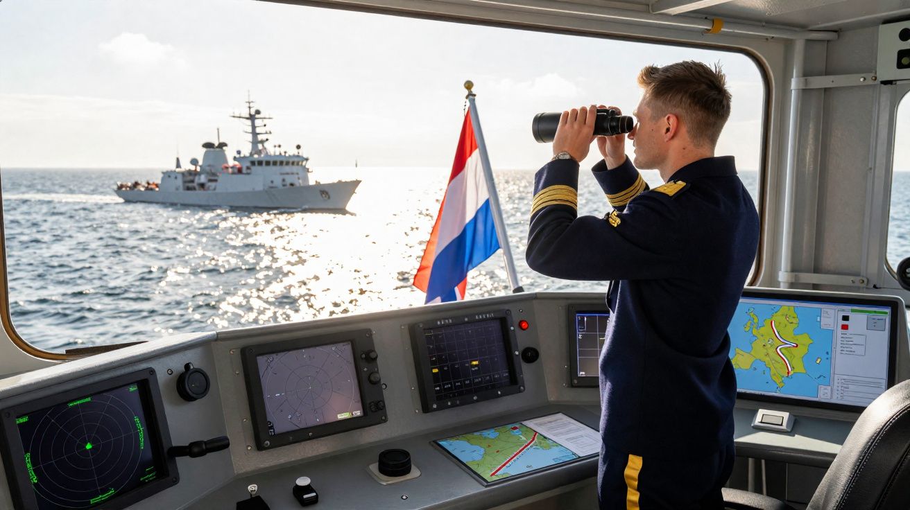 Oficial naval observa navio pelo binóculo na ponte de comando com sistemas de radar e mapas digitais.