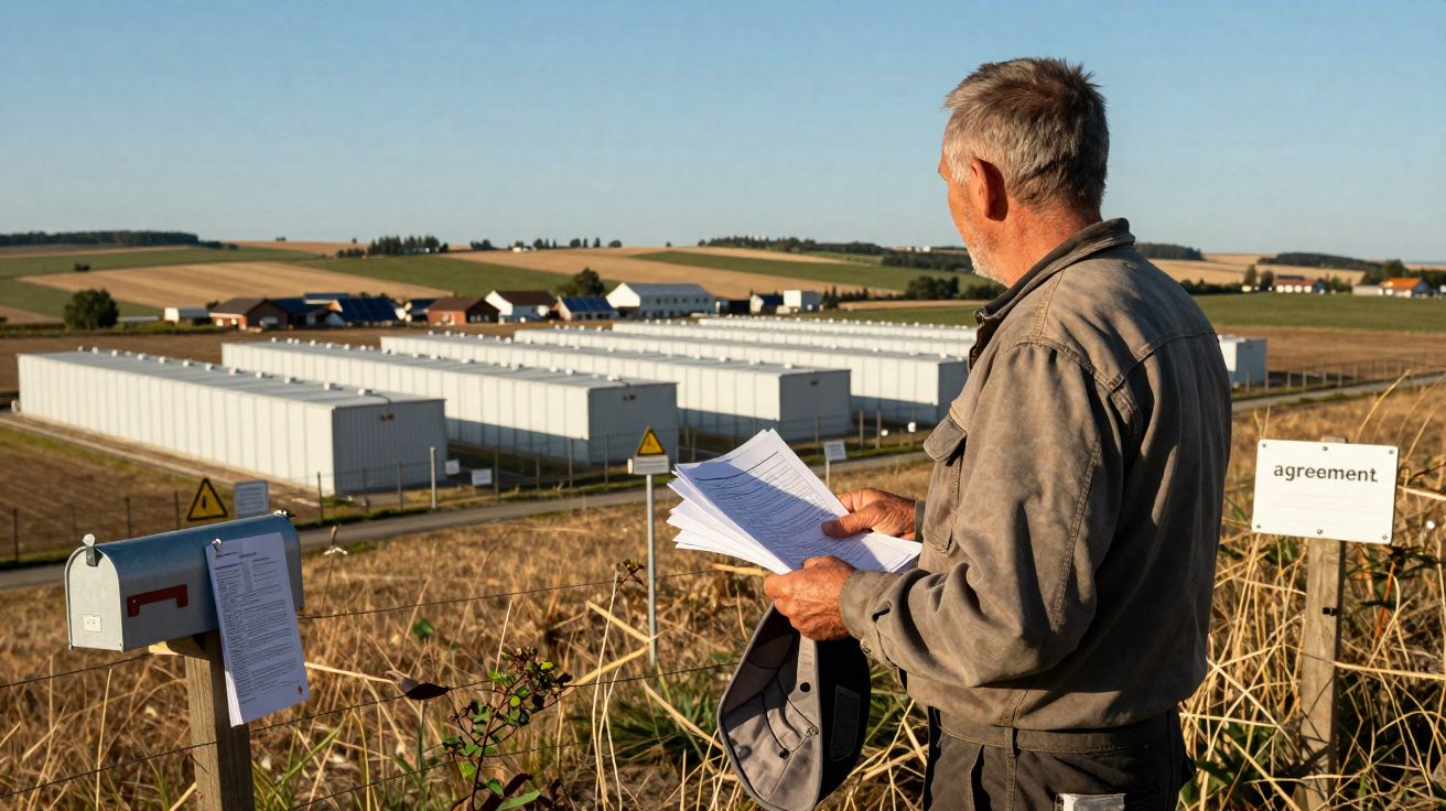 Homem de costas a ler documentos num campo agrícola com várias estufas brancas ao fundo.