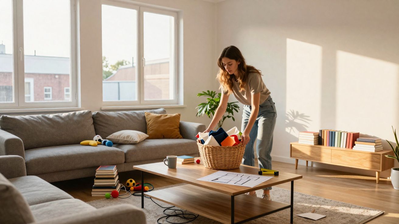 Mulher arrumando brinquedos numa cesta na sala de estar iluminada e acolhedora, com sofá e livros.