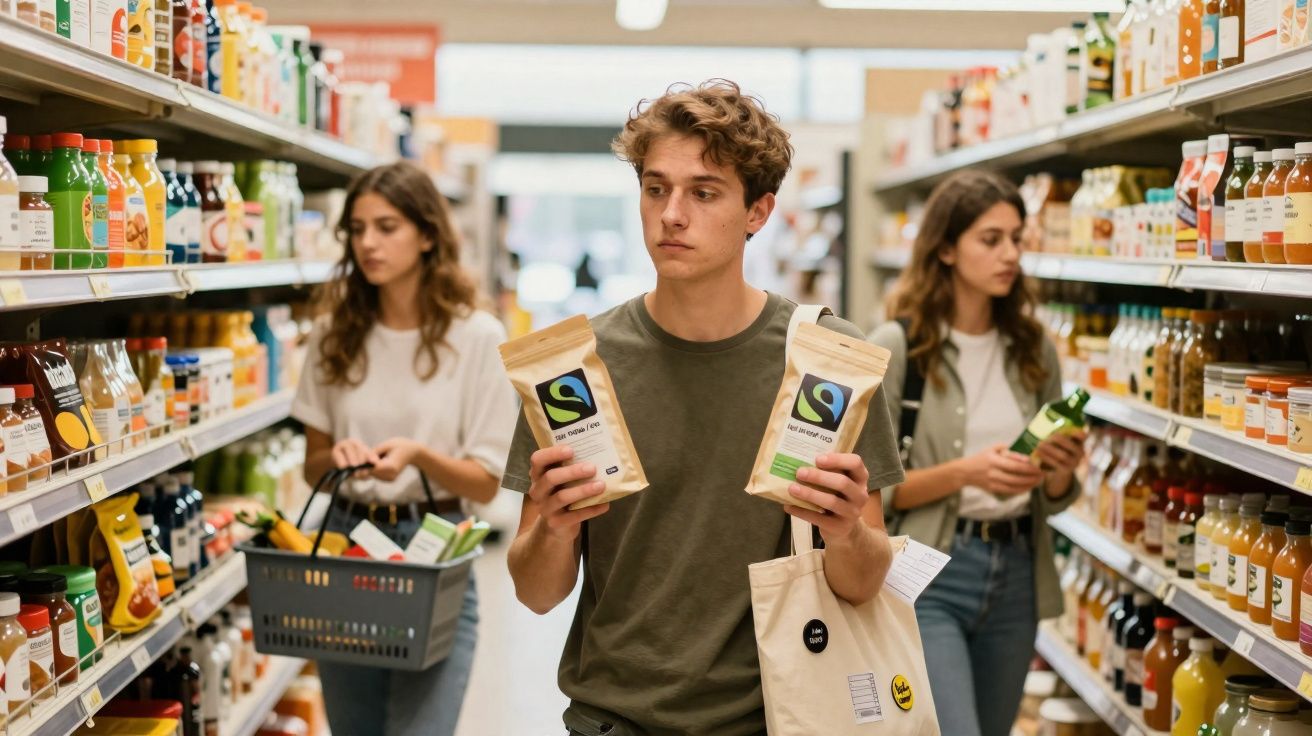 Jovem a escolher entre dois produtos num corredor de supermercado com pessoas a fazer compras ao fundo.