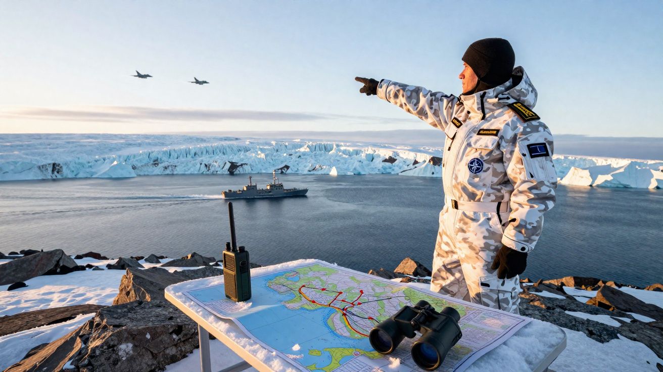 Militar em uniforme branco a apontar para dois aviões no céu, com mapa e binóculos numa mesa à frente.