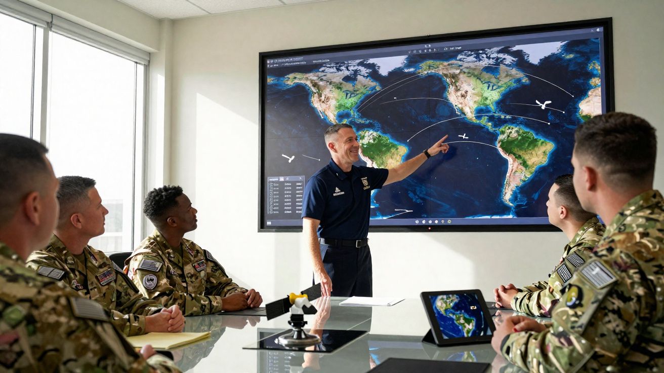 Militares em reunião perante ecrã digital com mapa-mundo mostrando rotas de voo na sala de conferências.