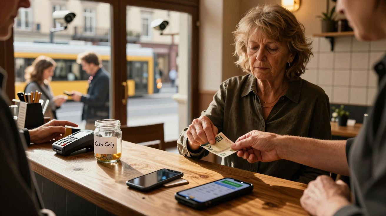 Mulher a pagar em dinheiro num café, com telemóveis e um frasco de gorjetas na bancada de madeira.