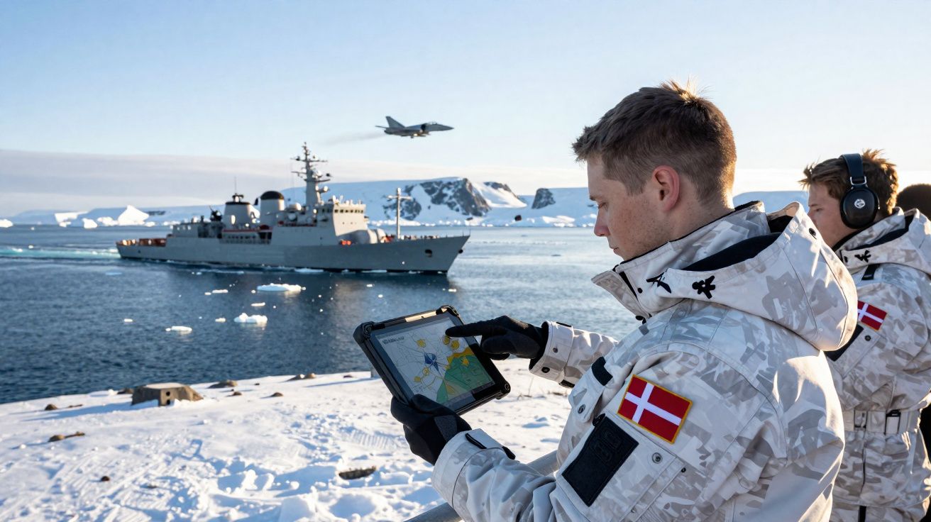 Dois soldados em uniforme de inverno com bandeira da Dinamarca usam tablet perto de navio militar e avião sobrevoando em mar 