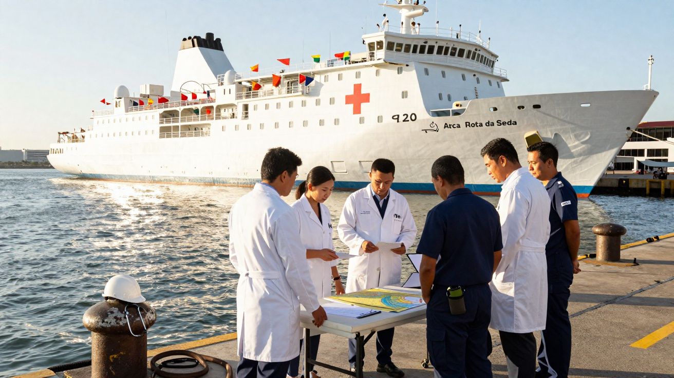 Equipa médica e naval em reunião junto a uma mesa com mapas no cais, com navio hospital a fundo.