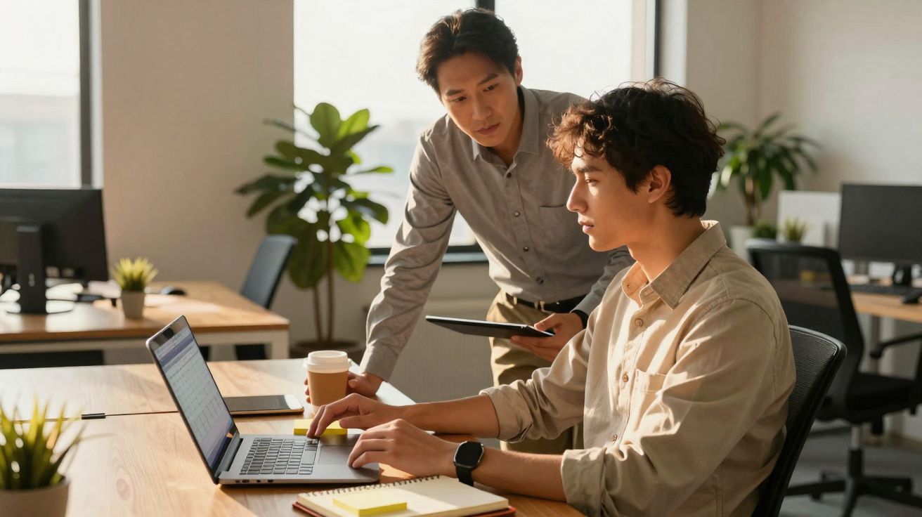 Dois homens jovens a trabalhar num escritório moderno, um está sentado no computador e o outro a observar.