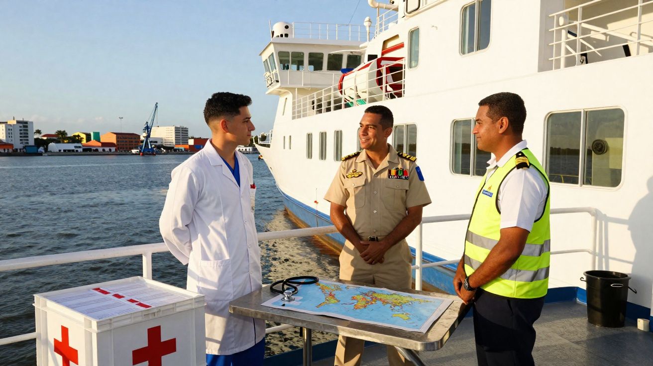 Três homens em uniforme, um médico e dois oficiais, conversam ao lado de um navio e uma mesa com um mapa.