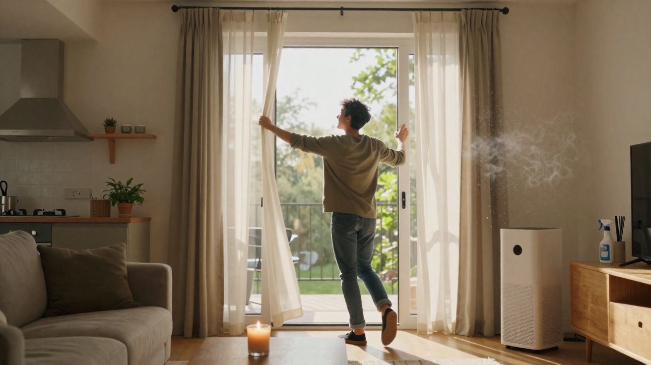 Pessoa a abrir cortinas numa sala iluminada com ar condicionado e móveis modernos.