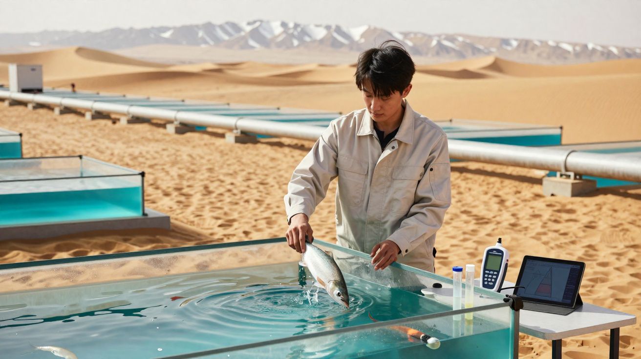 Homem a segurar peixe num tanque de água no deserto com equipamentos de monitorização à direita.