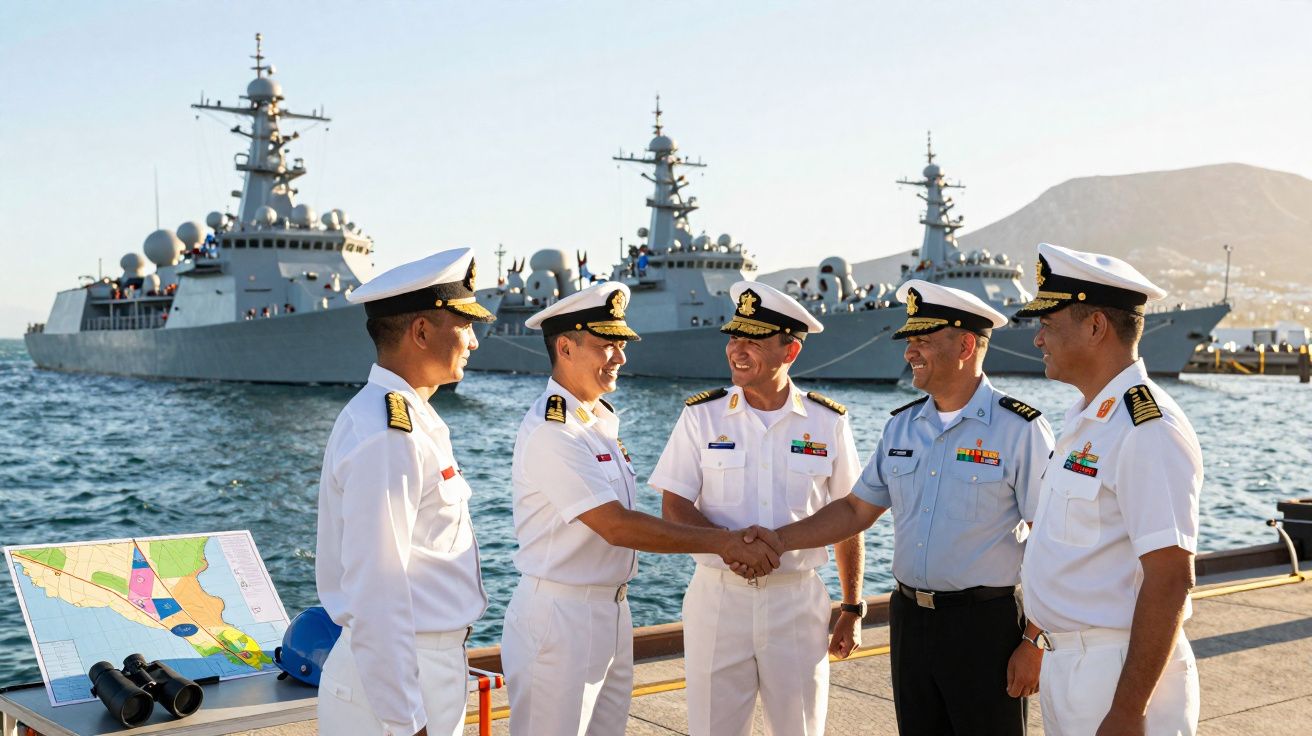 Cinco oficiais navais de uniforme branco apertam as mãos num cais com navios militares ao fundo.