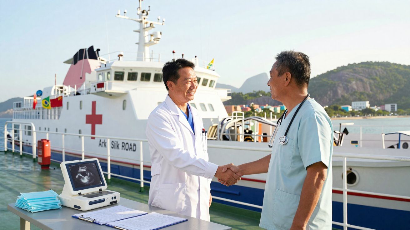 Dois médicos a cumprimentar-se com um navio hospital ao fundo durante um dia de sol.