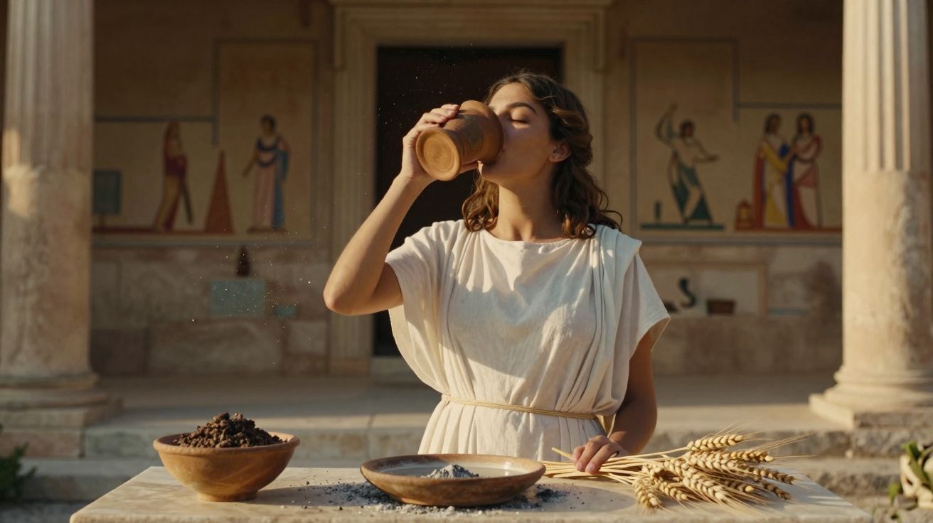 Mulher em túnica romana a beber de um copo de barro numa mesa com cereais e tigelas antigas.