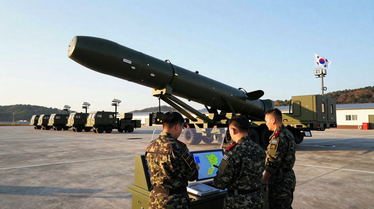 Três soldados coreanos analisam dados em computador perto de míssil grande montado em veículo militar numa base ao ar livre.