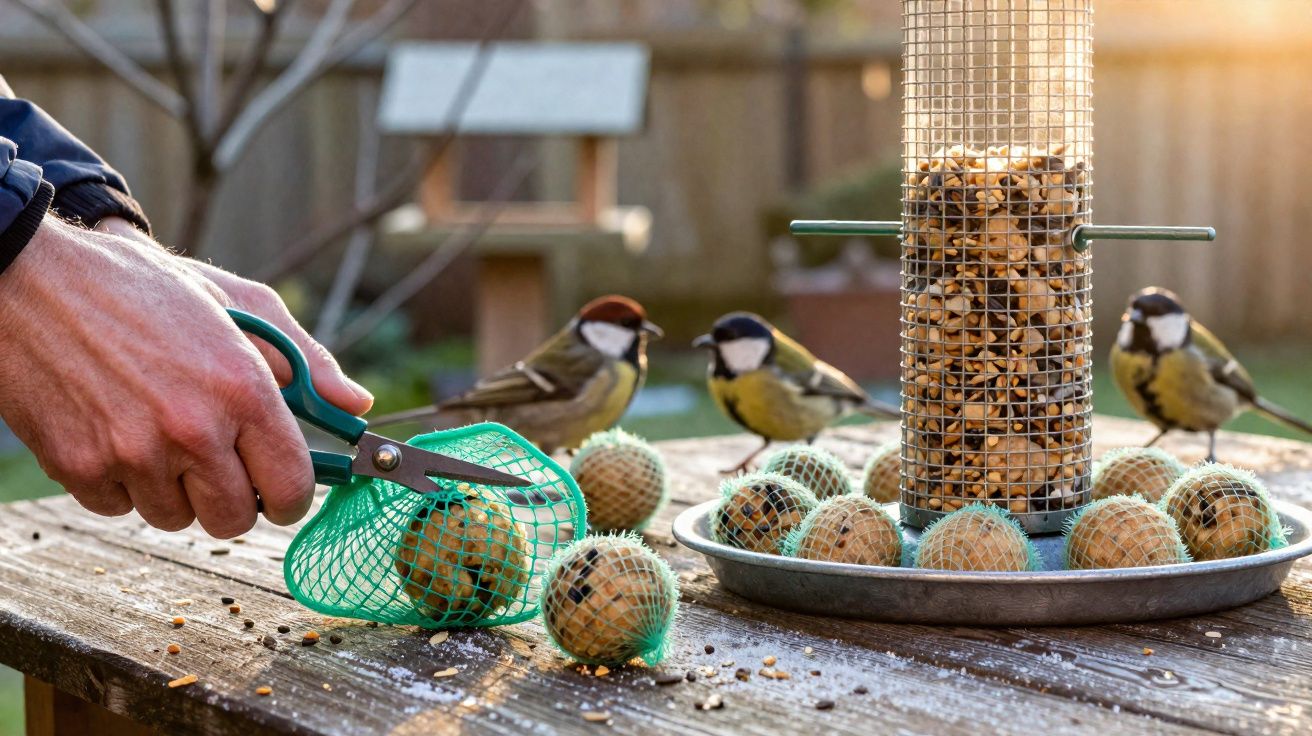 Pessoa a colocar bolas de sementes num alimentador para pássaros na mesa de madeira, com pardais a comer.