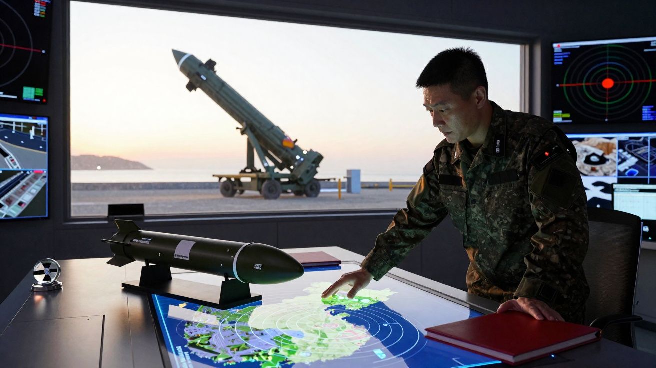 Militar a analisar mapa digital táctico numa base militar com equipamento e míssil ao fundo ao pôr do sol.